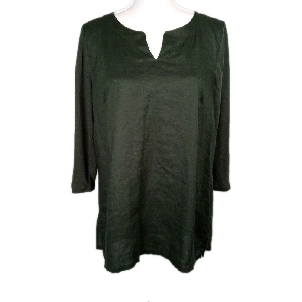 J Jill 100% Linen Tunic Top M Army Green  Pullover 3/4 Sleeve Lagenlook Scandi